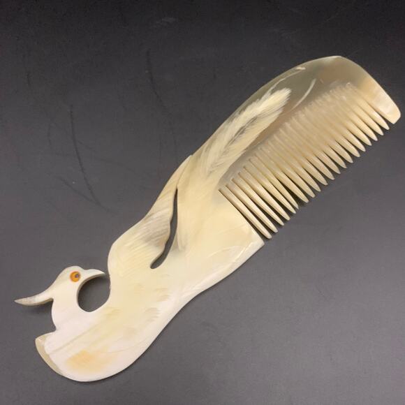 Antistatic Ox Horn Hair Comb Hand Carved Peacock Phoenix - Picture 2 of 11